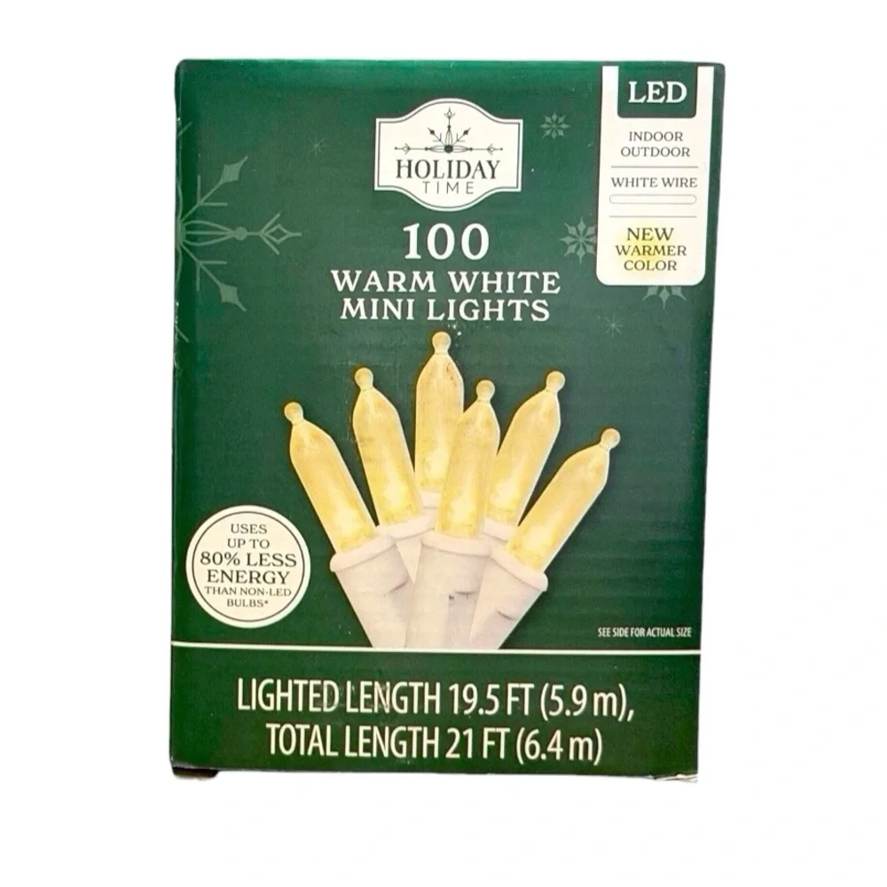 Holiday Time 100 Light Count WARM WHITE Led Lights With White Wire New